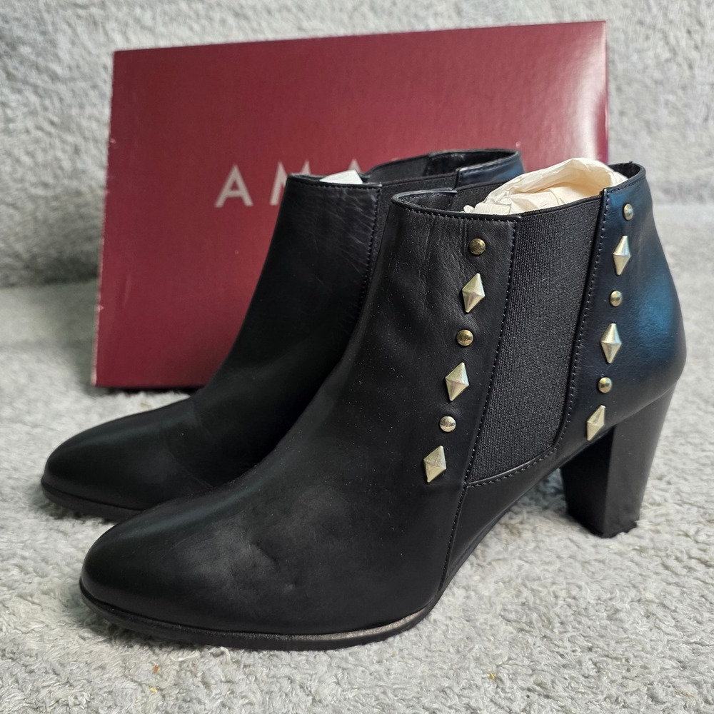 Rangoni Black Leather Studded Ankle Boots with Gold Accents